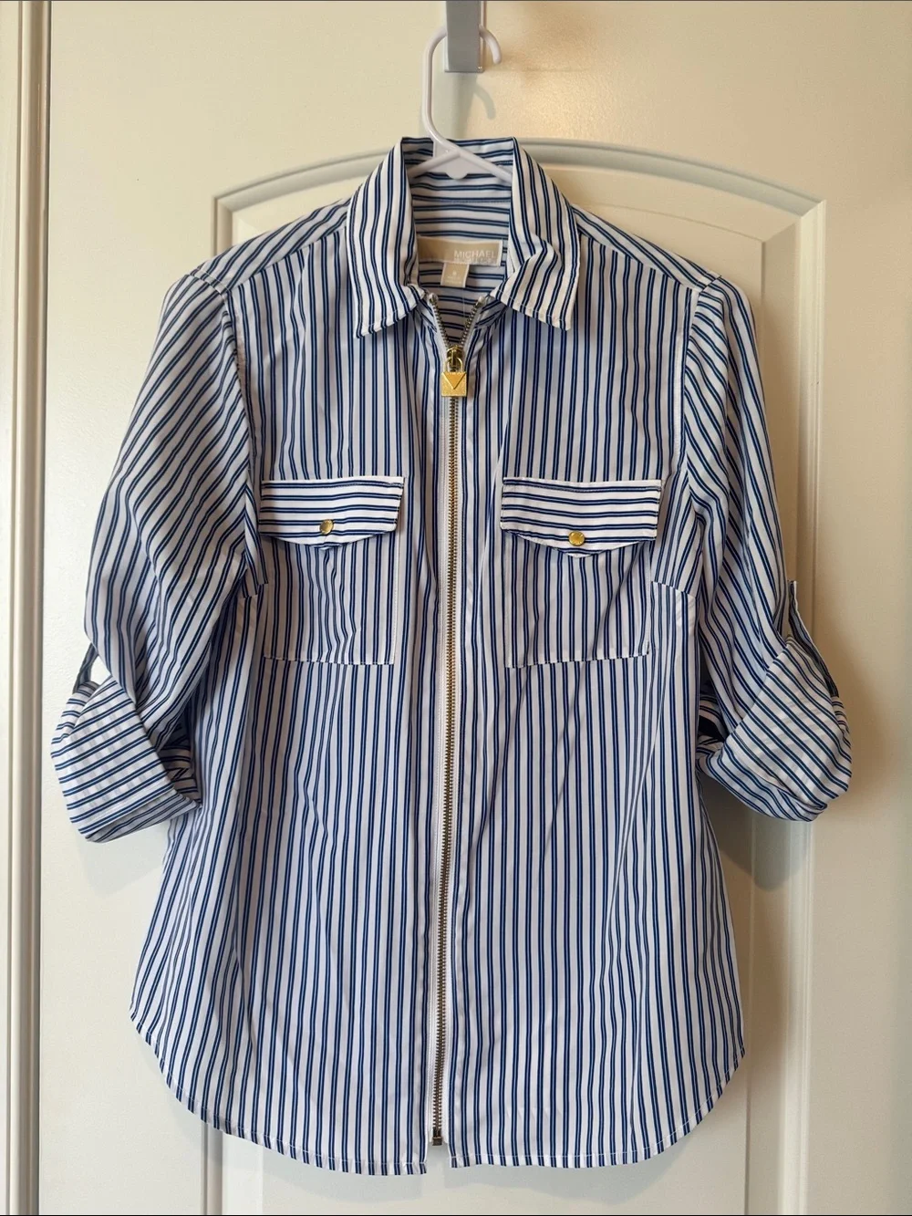 Michael Kors Blue and White Striped Zip-Front Blouse